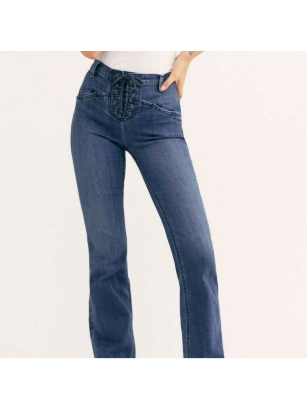 Free People Eva Bootcut Lace Front Denim Jeans Baltic Blue